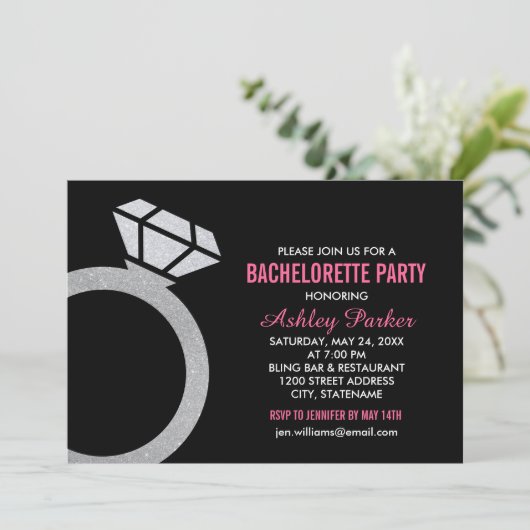 Diamant Ring Hot Pink Wedding Junggeselinnen-Absch Einladung (Stehend Vorderseite)