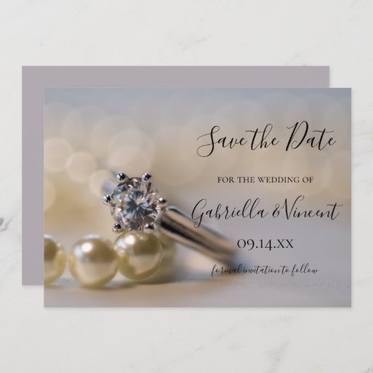 Diamant Ring weiße Perlen Hochzeit speichern das D Save The Date (Vorne/Hinten)