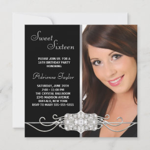 Diamant Silber Schwarz Foto Sweet Sixteen Geburtst Einladung