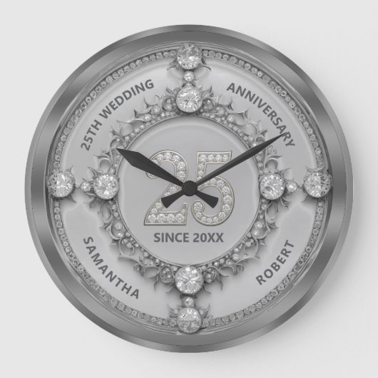 Diamant- & Silberrahmen 25. Hochzeitstag Große Wanduhr (Vorderseite)