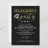 Diamant und Herz| Black & Gold Engagement Party Einladung (Vorderseite)