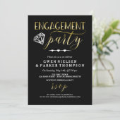 Diamant und Herz| Black & Gold Engagement Party Einladung (Stehend Vorderseite)