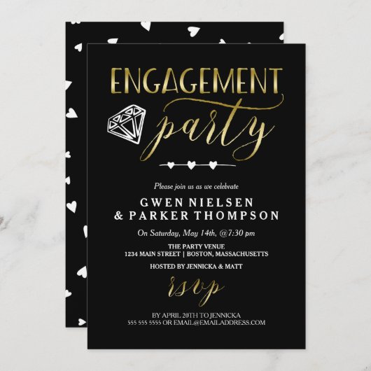Diamant und Herz| Black & Gold Engagement Party Einladung (Vorne/Hinten)