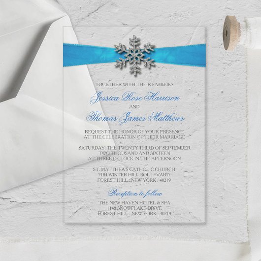 Diamante Snowflake & Blue Ribbon Winter Wedding Acryleinladungen