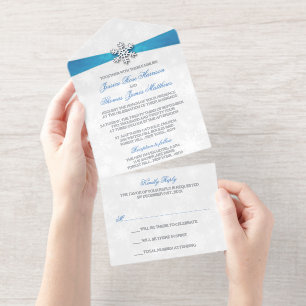 Diamante Snowflake & Blue Ribbon Winter Wedding All-in-One-Einladung