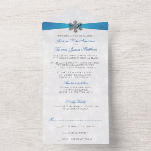 Diamante Snowflake & Blue Ribbon Winter Wedding All In One Einladung (Innen Boden)