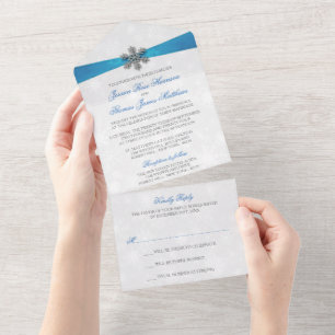 Diamante Snowflake & Blue Ribbon Winter Wedding All In One Einladung