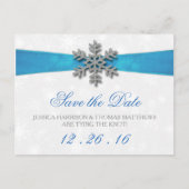 Diamante Snowflake & Blue Ribbon Winter Wedding Ankündigungspostkarte (Vorderseite)