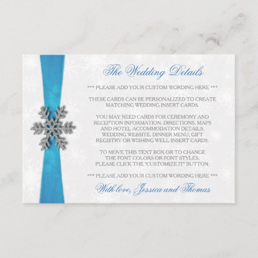 Diamante Snowflake & Blue Ribbon Winter Wedding Begleitkarte (Vorderseite)