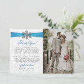 Diamante Snowflake & Blue Ribbon Winter Wedding Dankeskarte (Stehend Vorderseite)
