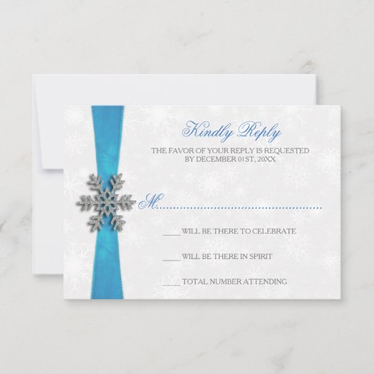Diamante Snowflake & Blue Ribbon Winter Wedding Einladung (Vorderseite)