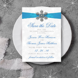 Diamante Snowflake & Blue Ribbon Winter Wedding Einladung