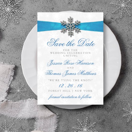 Diamante Snowflake & Blue Ribbon Winter Wedding Einladung