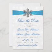 Diamante Snowflake & Blue Ribbon Winter Wedding Einladung (Vorderseite)