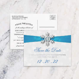 Diamante Snowflake & Blue Ribbon Winter Wedding Folie Einladungspostkarte
