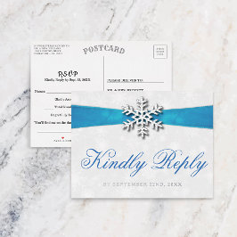 Diamante Snowflake & Blue Ribbon Winter Wedding Folie Einladungspostkarte