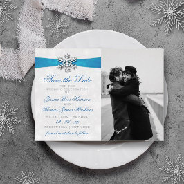Diamante Snowflake & Blue Ribbon Winter Wedding Folieneinladung