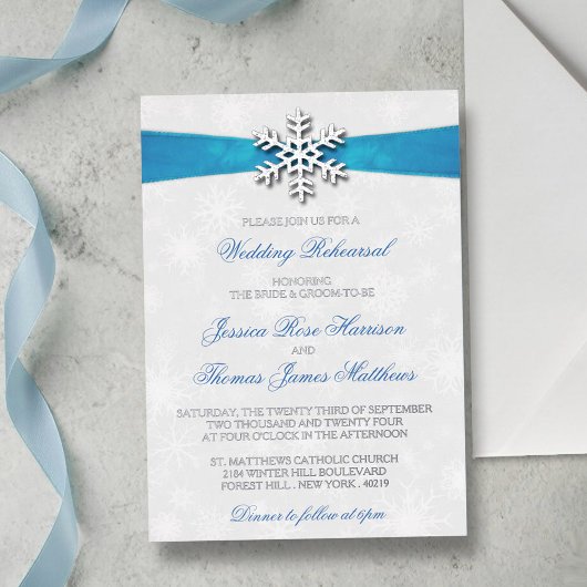 Diamante Snowflake & Blue Ribbon Winter Wedding Folieneinladung