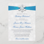 Diamante Snowflake & Blue Ribbon Winter Wedding Folieneinladung (Vorderseite)