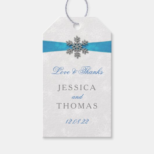 Diamante Snowflake & Blue Ribbon Winter Wedding Geschenkanhänger (Vorderseite)