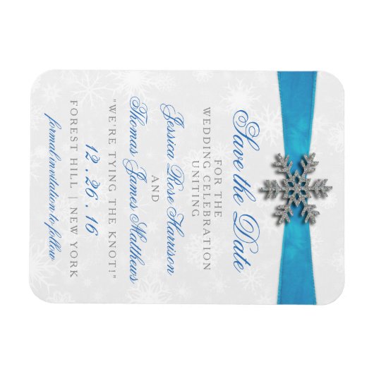 Diamante Snowflake & Blue Ribbon Winter Wedding Magnet (Horizontal)