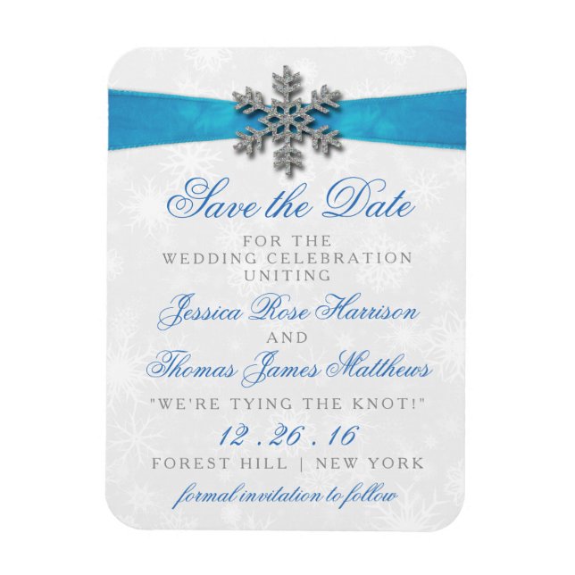 Diamante Snowflake & Blue Ribbon Winter Wedding Magnet (Vertikal)