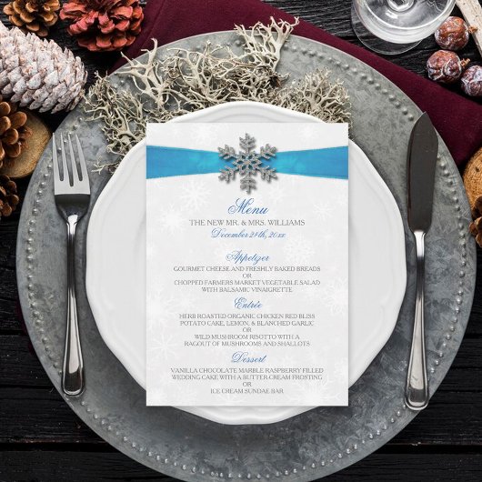Diamante Snowflake & Blue Ribbon Winter Wedding Menükarte