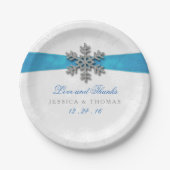 Diamante Snowflake & Blue Ribbon Winter Wedding Pappteller (Vorderseite)