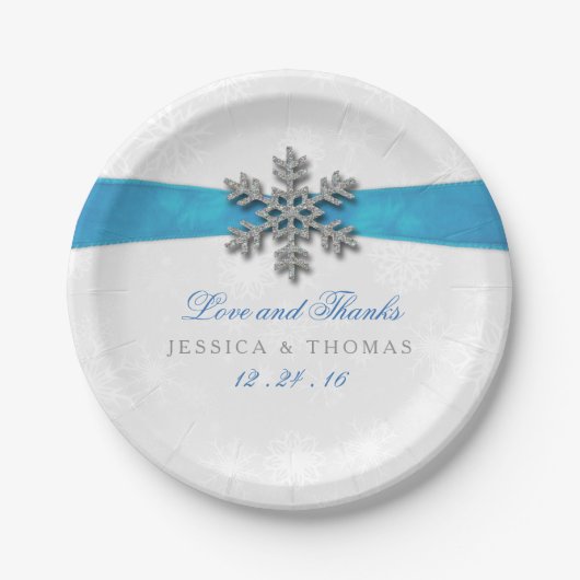 Diamante Snowflake & Blue Ribbon Winter Wedding Pappteller (Vorderseite)