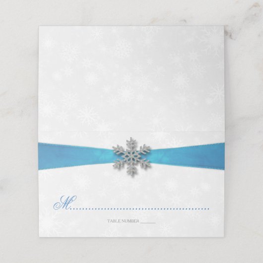 Diamante Snowflake & Blue Ribbon Winter Wedding Platzkarte (Außenseite Aufgefaltet)