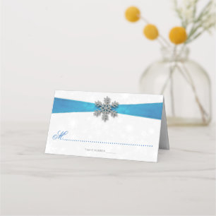 Diamante Snowflake & Blue Ribbon Winter Wedding Platzkarte