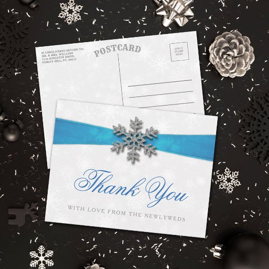 Diamante Snowflake & Blue Ribbon Winter Wedding Postkarte
