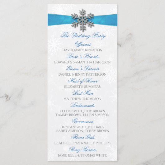 Diamante Snowflake & Blue Ribbon Winter Wedding Programm (Rückseite)