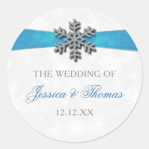 Diamante Snowflake & Blue Ribbon Winter Wedding Runder Aufkleber