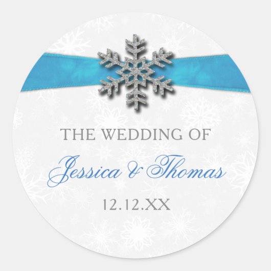Diamante Snowflake & Blue Ribbon Winter Wedding Runder Aufkleber (Vorderseite)
