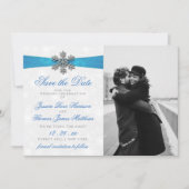 Diamante Snowflake & Blue Ribbon Winter Wedding Save The Date (Vorderseite)