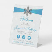 Diamante Snowflake & Blue Ribbon Winter Wedding Sockelschild (Vorderseite)