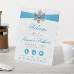 Diamante Snowflake & Blue Ribbon Winter Wedding Sockelschild