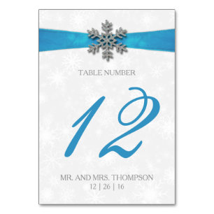 Diamante Snowflake & Blue Ribbon Winter Wedding Tischnummer