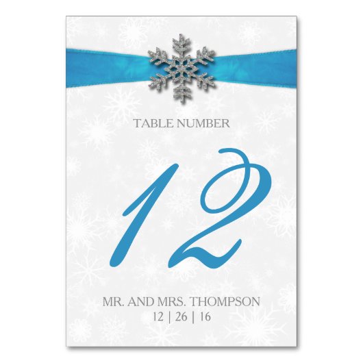 Diamante Snowflake & Blue Ribbon Winter Wedding Tischnummer (Vorderseite)