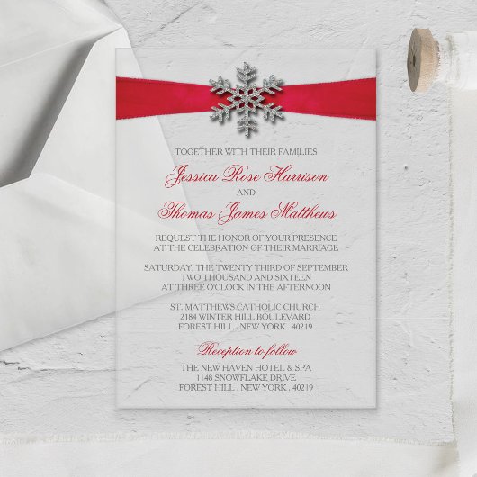 Diamante Snowflake & Red Ribbon Winter Wedding Acryleinladungen