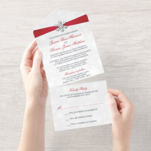 Diamante Snowflake & Red Ribbon Winter Wedding All-in-One-Einladung