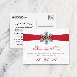Diamante Snowflake & Red Ribbon Winter Wedding Ankündigungspostkarte
