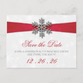 Diamante Snowflake & Red Ribbon Winter Wedding Ankündigungspostkarte (Vorderseite)