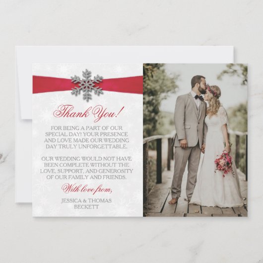 Diamante Snowflake & Red Ribbon Winter Wedding Dankeskarte (Vorderseite)