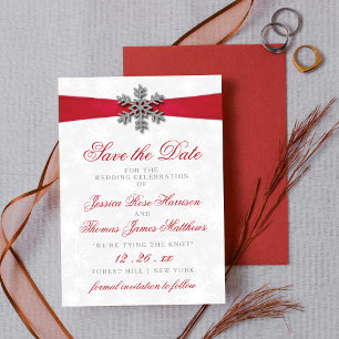 Diamante Snowflake & Red Ribbon Winter Wedding Einladung