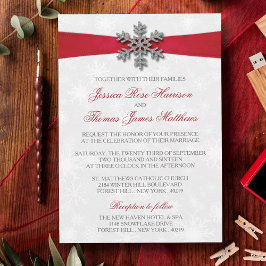 Diamante Snowflake & Red Ribbon Winter Wedding Einladung