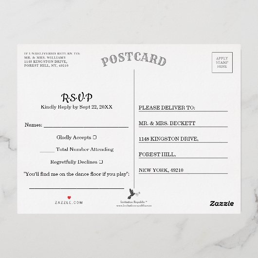 Diamante Snowflake & Red Ribbon Winter Wedding Folie Einladungspostkarte (Rückseite)