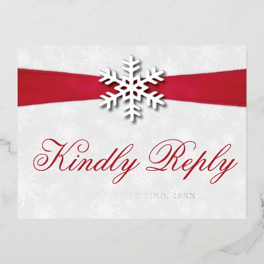 Diamante Snowflake & Red Ribbon Winter Wedding Folie Einladungspostkarte (Vorderseite)