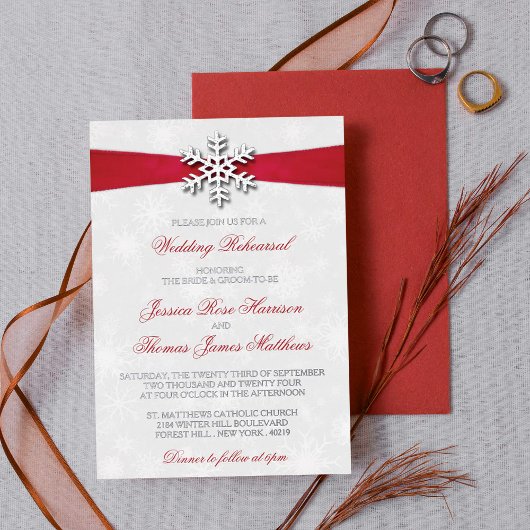Diamante Snowflake & Red Ribbon Winter Wedding Folieneinladung